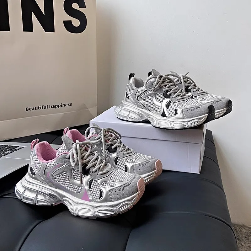 2025 New Fashion Casual Sports Women's Shoes Mesh Surface Breathable Retro Do Old Dirty Shoes Thick  Increase Daddy Shoes