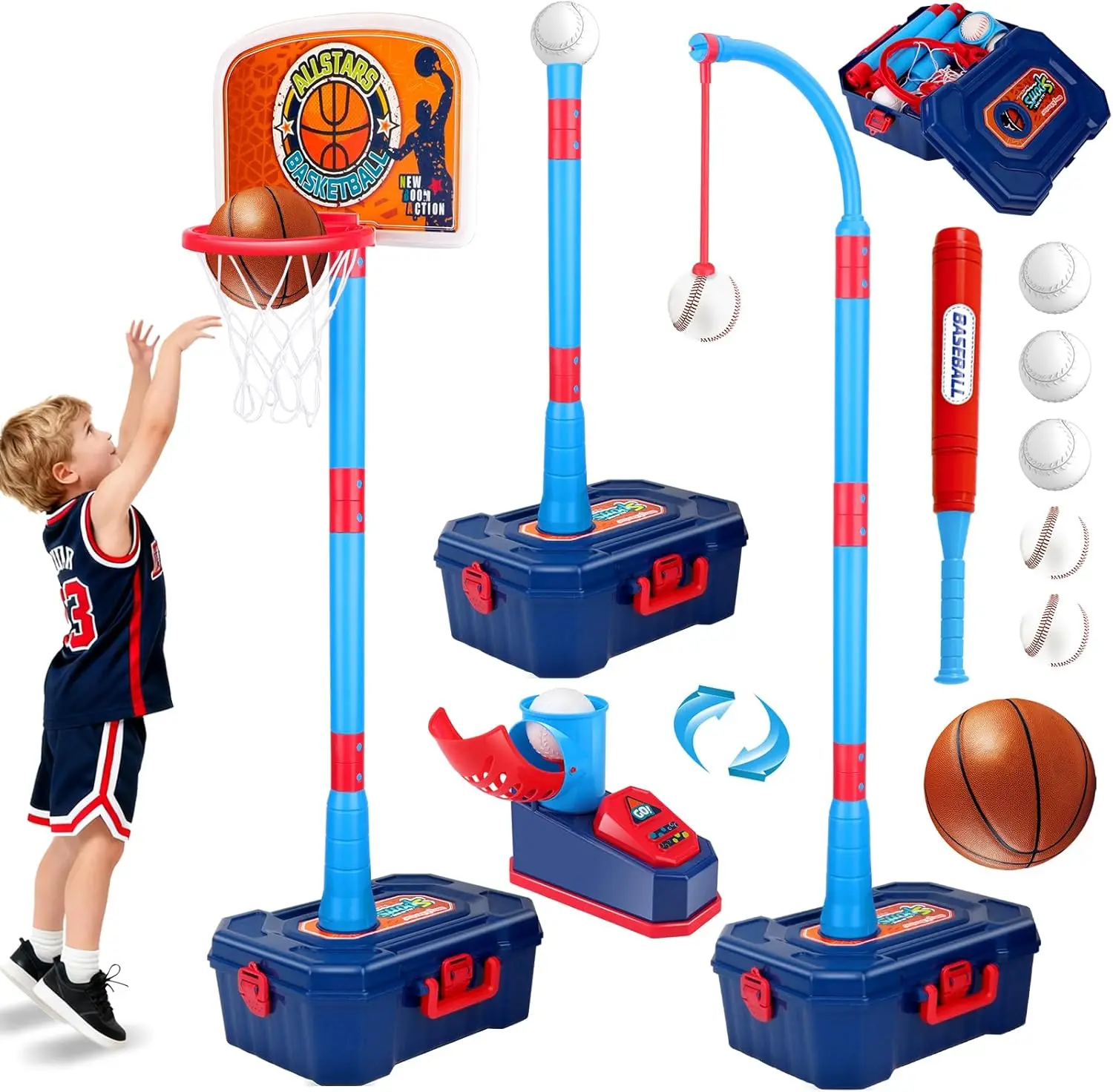 

Набор для баскетбола и бейсбола 4-в-1, регулируемый, для детей 3-8 лет, портативная спортивная игрушка для дома и улицы