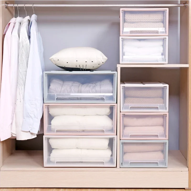 Stackable Drawer Storage Box Plastic Clear Drawer Quilt Storage Container Large Capacityt Clothes Cabinet Wardrobe Organizer