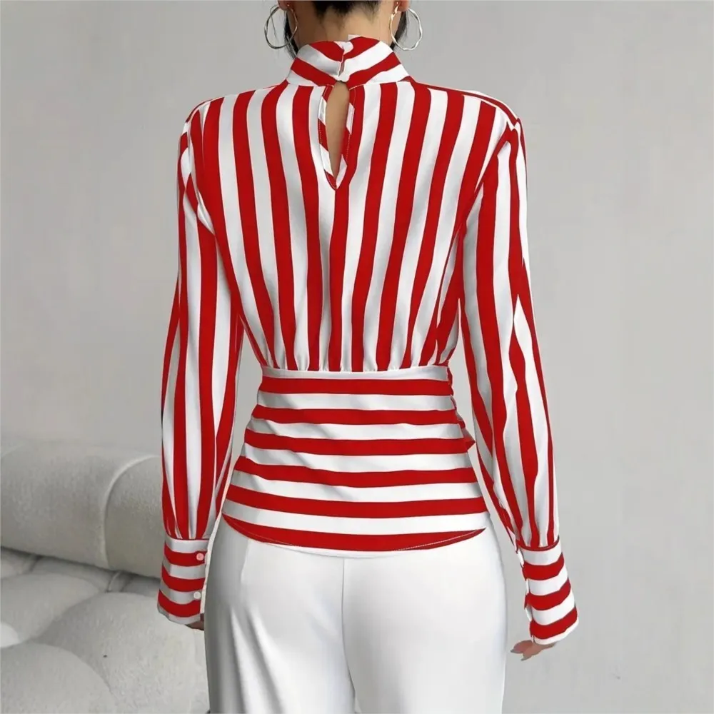 Fashion Trendy Women Black White Contrast Striped Shirt Autumn New Retro Scarf Collar Long-sleeved Elegant Female Pullover Shirt view 6