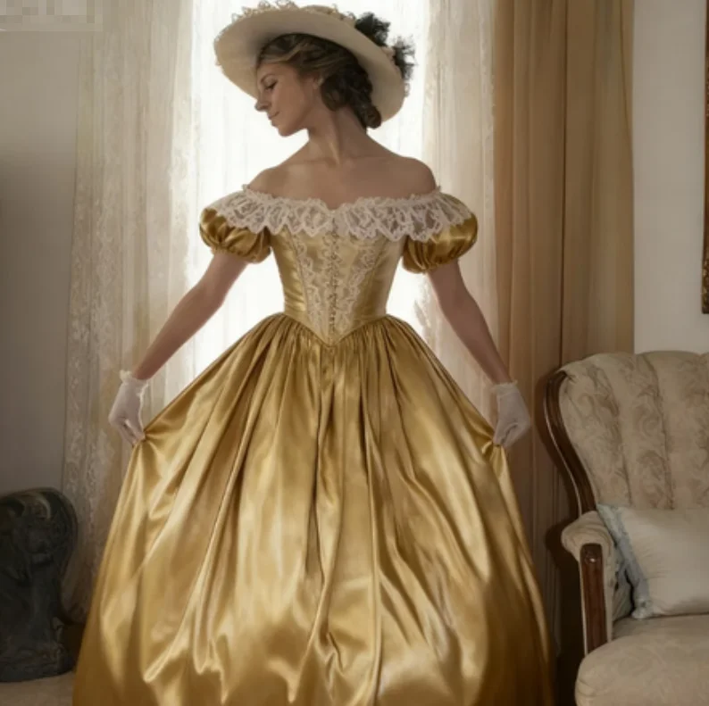 Bezauberndes goldenes mittelalterliches Abendkleid mit Korsettrücken, Spitze, 18. bezauberndes Bürgerkriegs-Abschlussballkleid, eleganter ästhetischer formeller Anlass