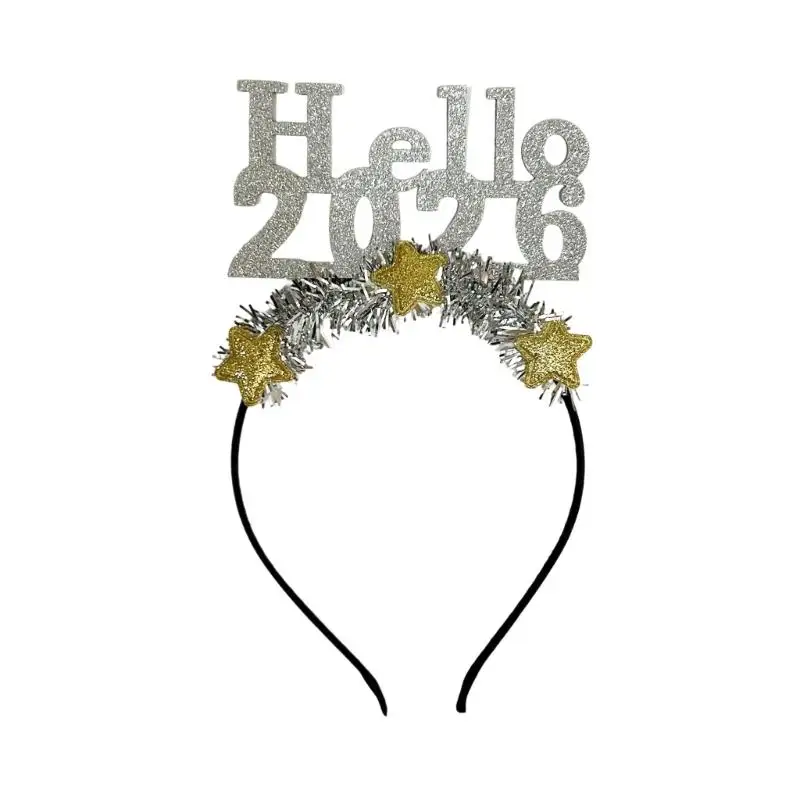 39BD Holiday Glitters Headbands Hello 2026 Star Decors Hairhoop Unisex Headpiece For New Year Event Countdown Event Gathering
