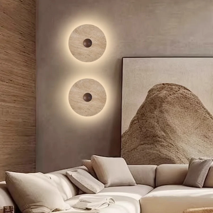 Round Wood LED Wall Lights Fixture Balcony Hallway Staircase Wabi Sabi Yellow Cave Stone Wall Lamp Sconce Lamparas De Pared
