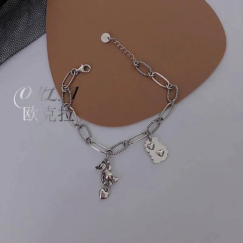 

OKLA Stamp Bracelet New Fashion Vintage Punk Bear LOVE Heart Pendant Thai Silver Party Jewelry Gifts