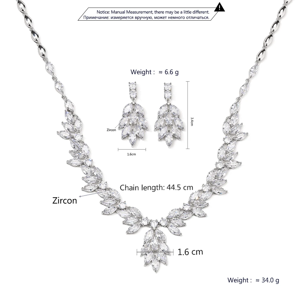 ZAKOL Brand Sliver Color AAA Zirconia Bridal Jewelry Sets Luxury Flower Leaf Clear Zircon Earring Necklaces for Women