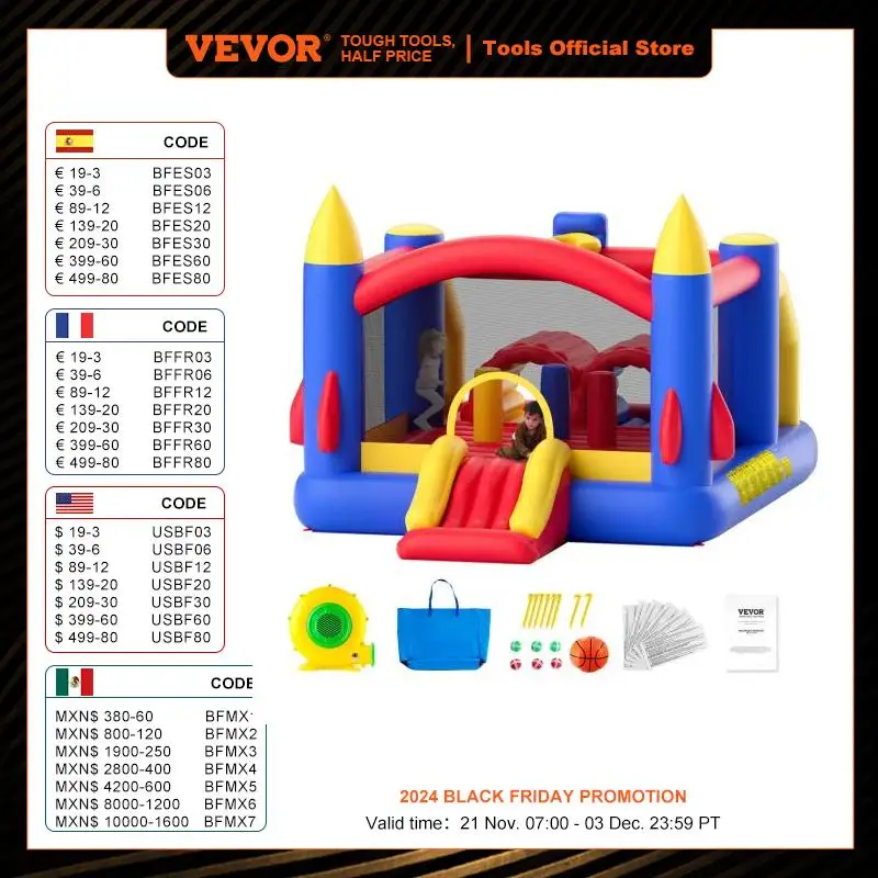 VEVOR Inflatable Bounce House Outdoor Playhouse Trampoline Jumping Bouncer with Blower Slide and Storage Bag Inflatable Castle