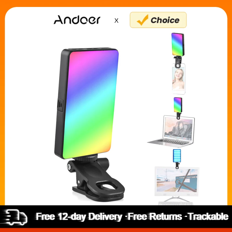 Andoer W140RGB Pocket Clip-on RGB Video Light Mobile Phone Fill Light Tablet Computer Video Conference Light 2500K-9000K Dimmabl