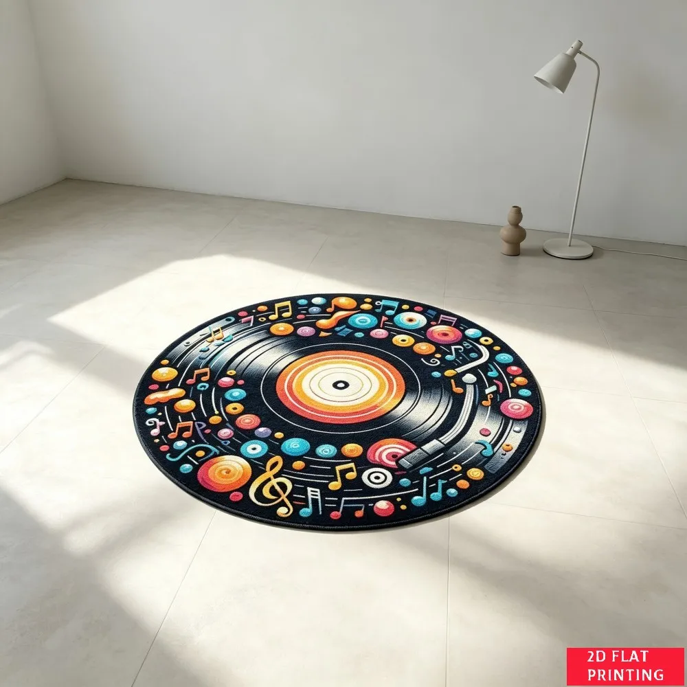 Vintage Vinyl Record Black Groove Red Label Round Carpet For Music Themed Room Or Studio With Retro Audio Disc Printed Carpet