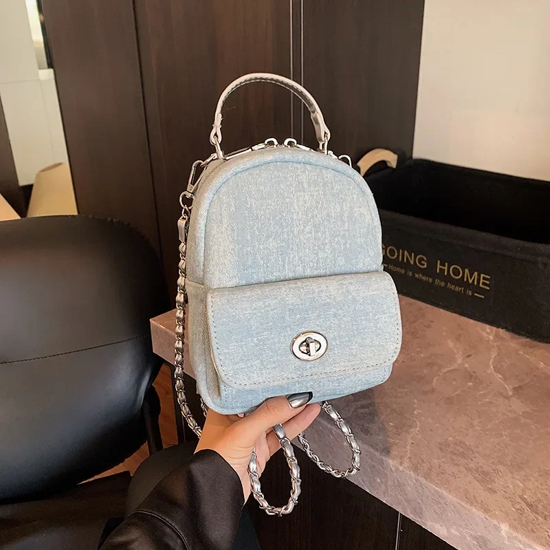 

025 New! Luxury - Brand Women's Denim - Blue Mini Hand - Held Backpack - Chain - Decorated, Simple - Style,Color - Blocking Lock