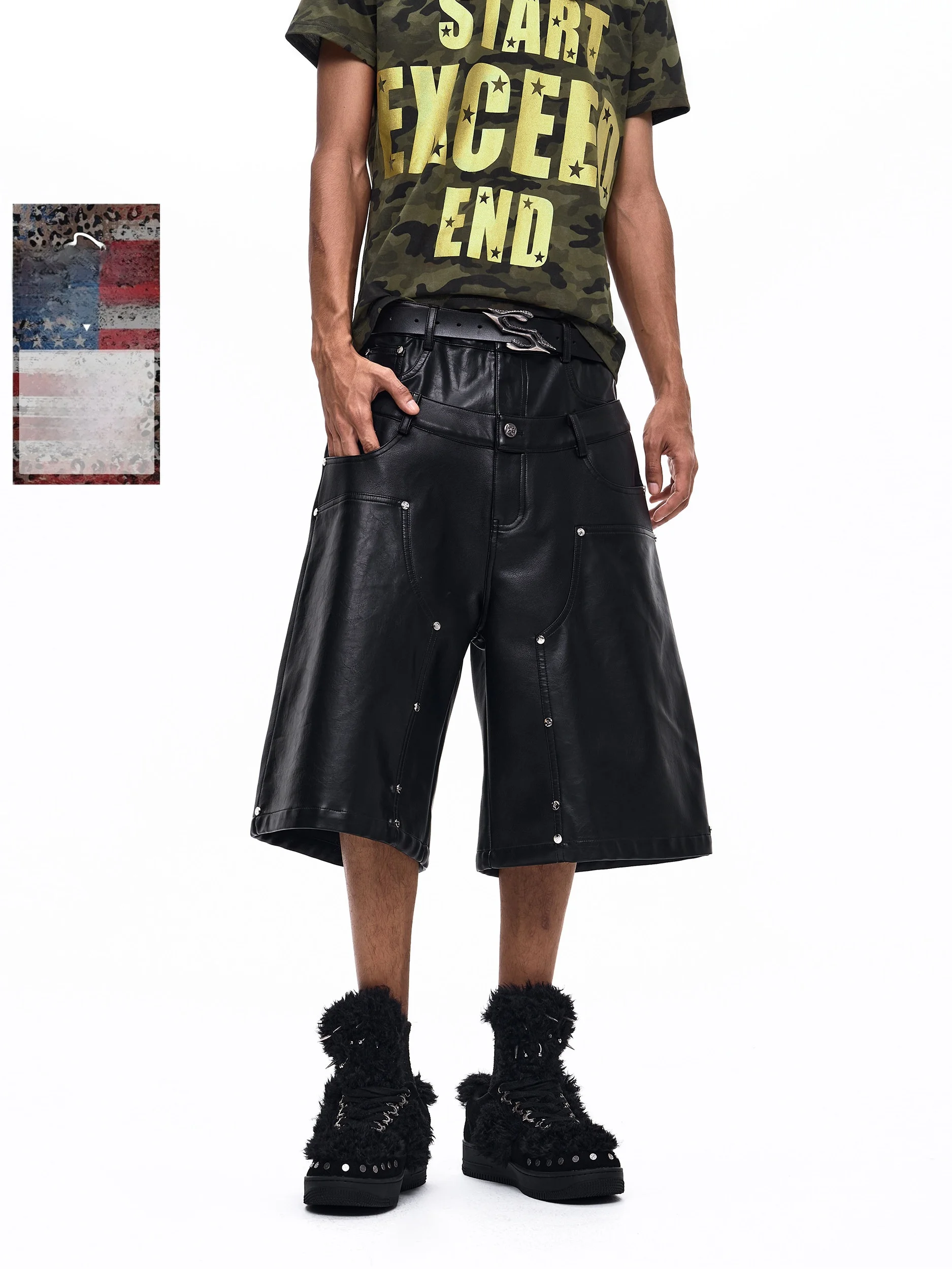 

Start Exceed End Men's PU Leather 7/8 Length Pants Double Waist Cross Rivet Punk Style Wear Resistant Summer Casual Trousers