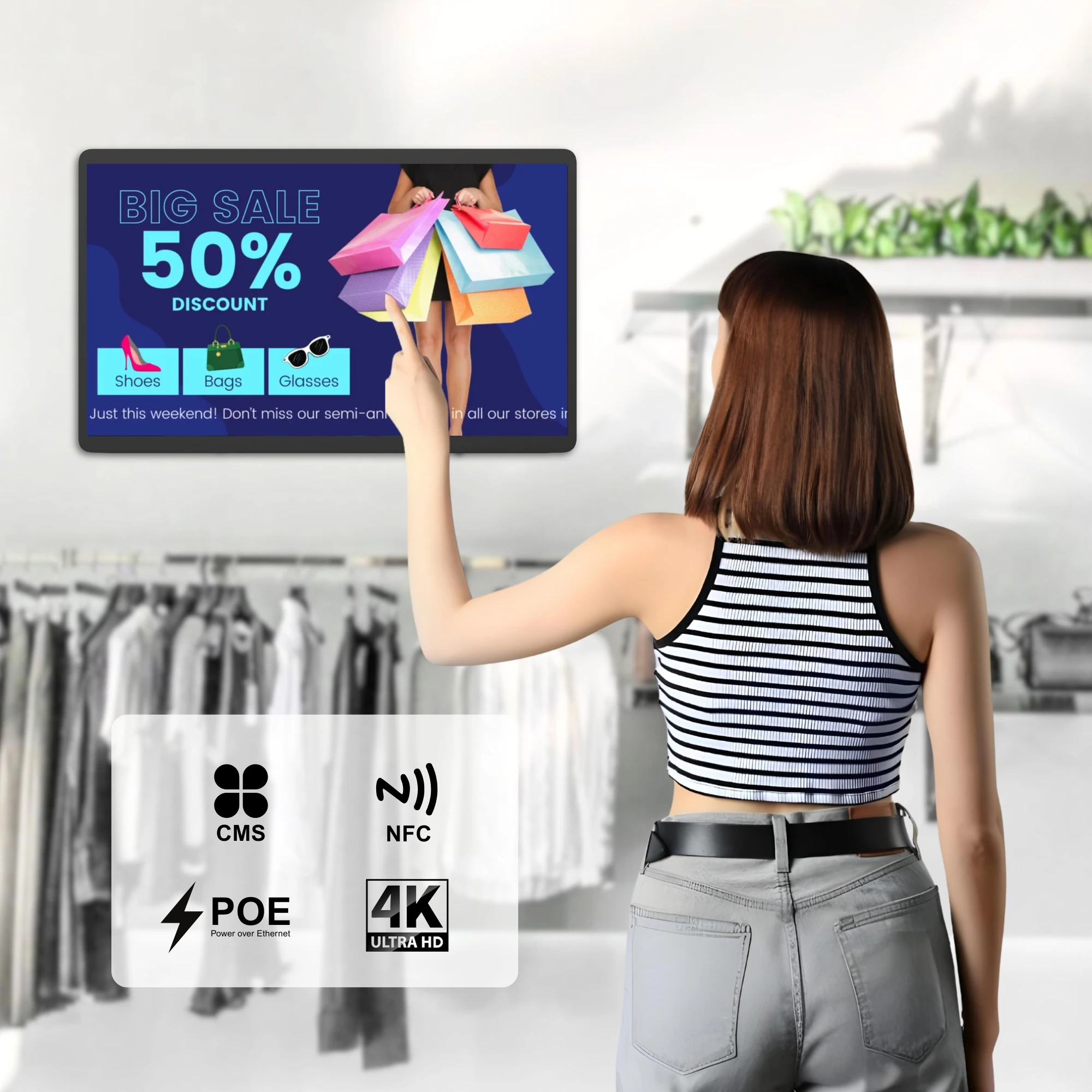 

32-дюймовый настенный сенсорный экран 4k Digital Signage с Android 13 4 + 64 ГБ 6 ТОП AI Дополнительный POE NFC для розничного магазина и торговых центров