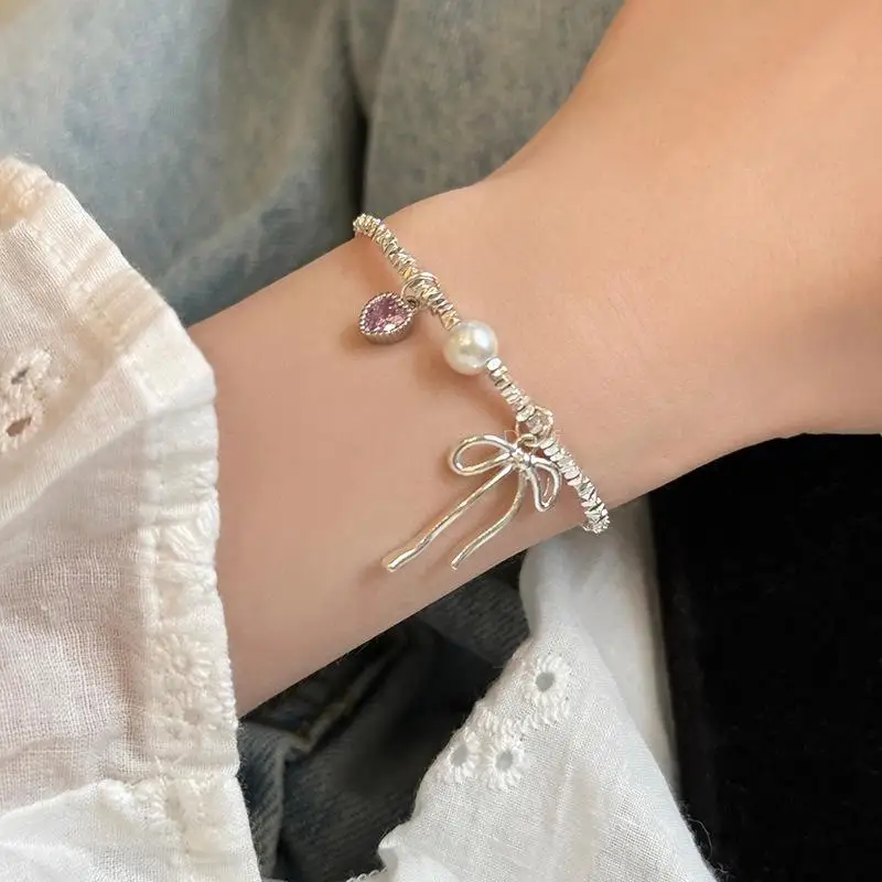Romantic Pink Crystal Heart Pendant Bangles For Women Silver Color Small Square Bead Bow Bracelet Good Friend Jewelry Gift