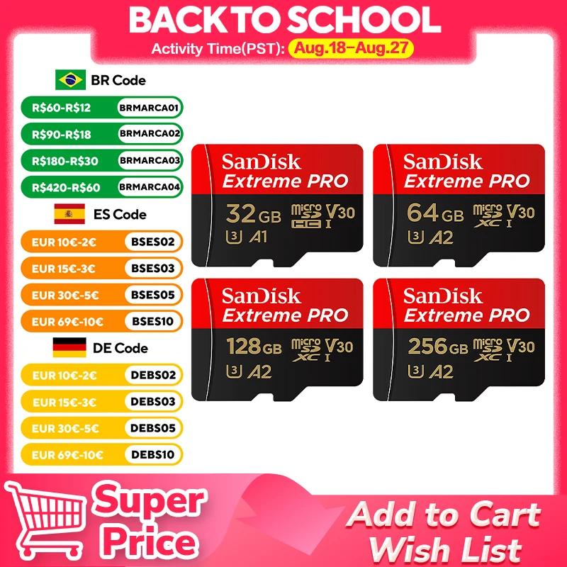 High Speed SanDisk Microsd Memory Card U3 C10 A2 V30 4K Extreme Pro Micro SD Card Up to 200Mb/s Flash TF Card for Phone Camera