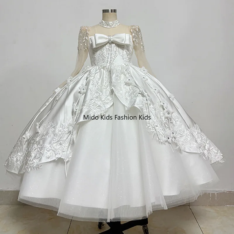 White Dress for 6-16Y Girls Elegant Princess Gown Kids Birthday Party Performance Outfit 100-160cm