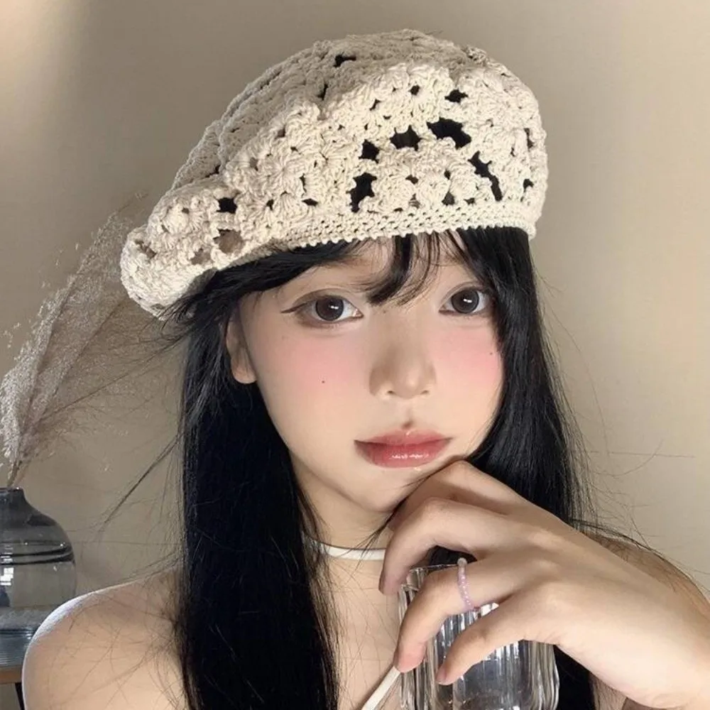 

Breathable Flower Hat Japanese Style Big Head Circumference Hollowed Out Beret Headgear All-match Crochet Knitted Cap Gift