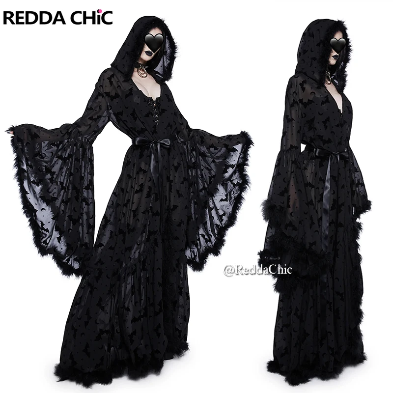 ReddaChic Women Bat Maxi Long Witch Robe Medieval Retro Black Sheer Long Sleeves Faux Fur Hooded Cloak Cape Goth Cosplay Costume