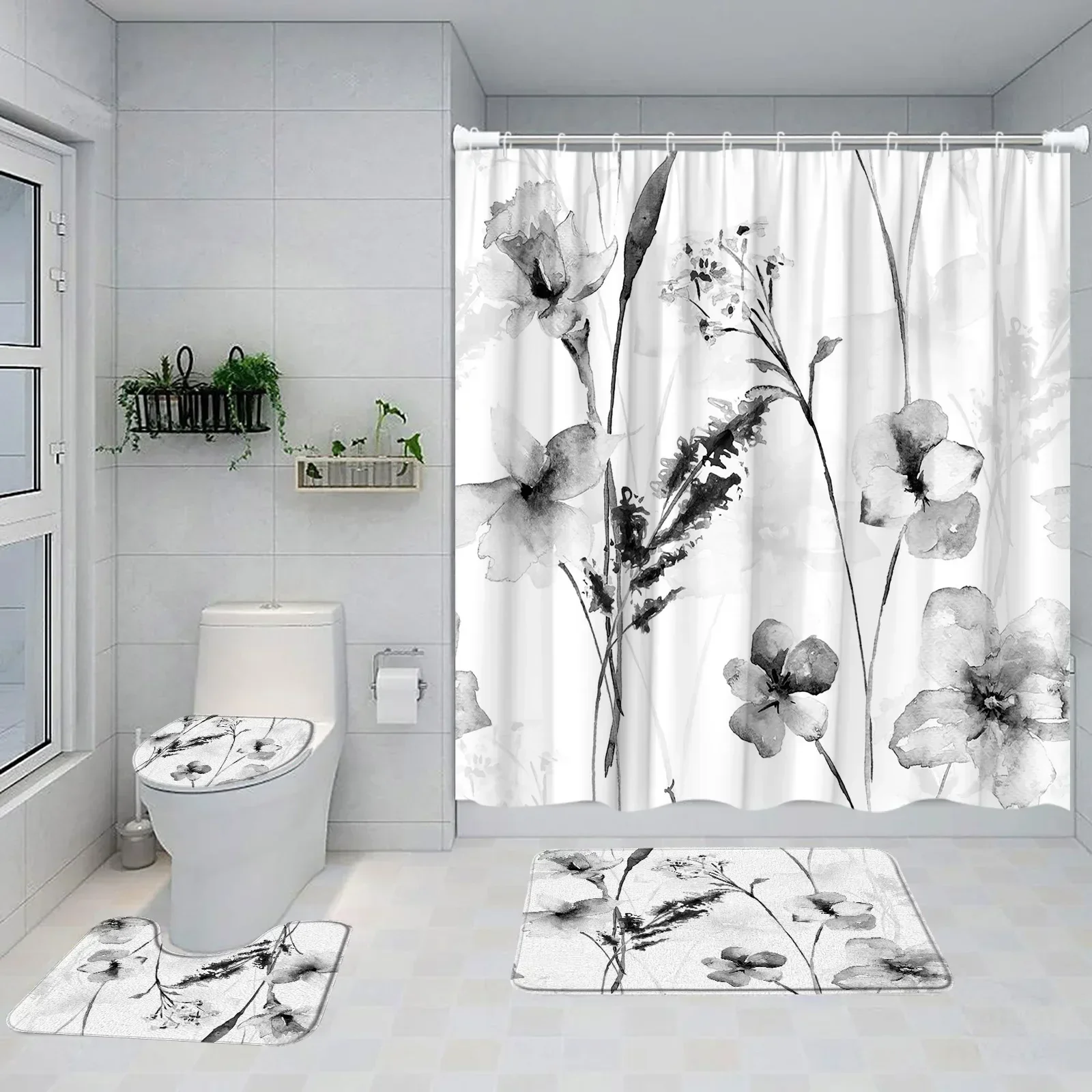 Teal Plant Shower Curtain Set Leaf Flower Black White Floral Bathroom Home Decor Herb Bath Curtain Bathtub Mat Toilet Lid Cover