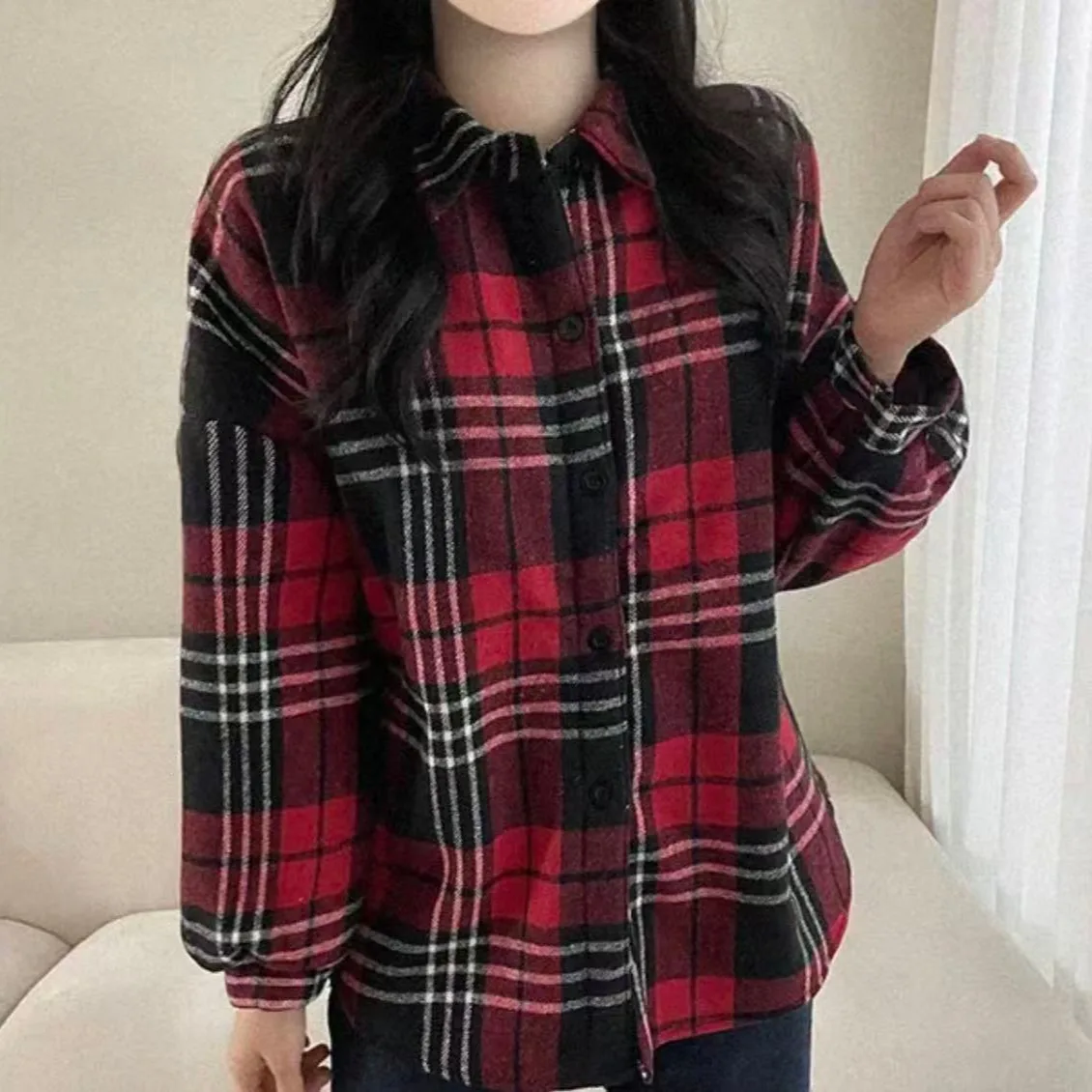 Manteau en laine pour femme automne hiver Thiened Fce doublé Long Sve Plaid irt Design Vintage polyvalent haut à la mode