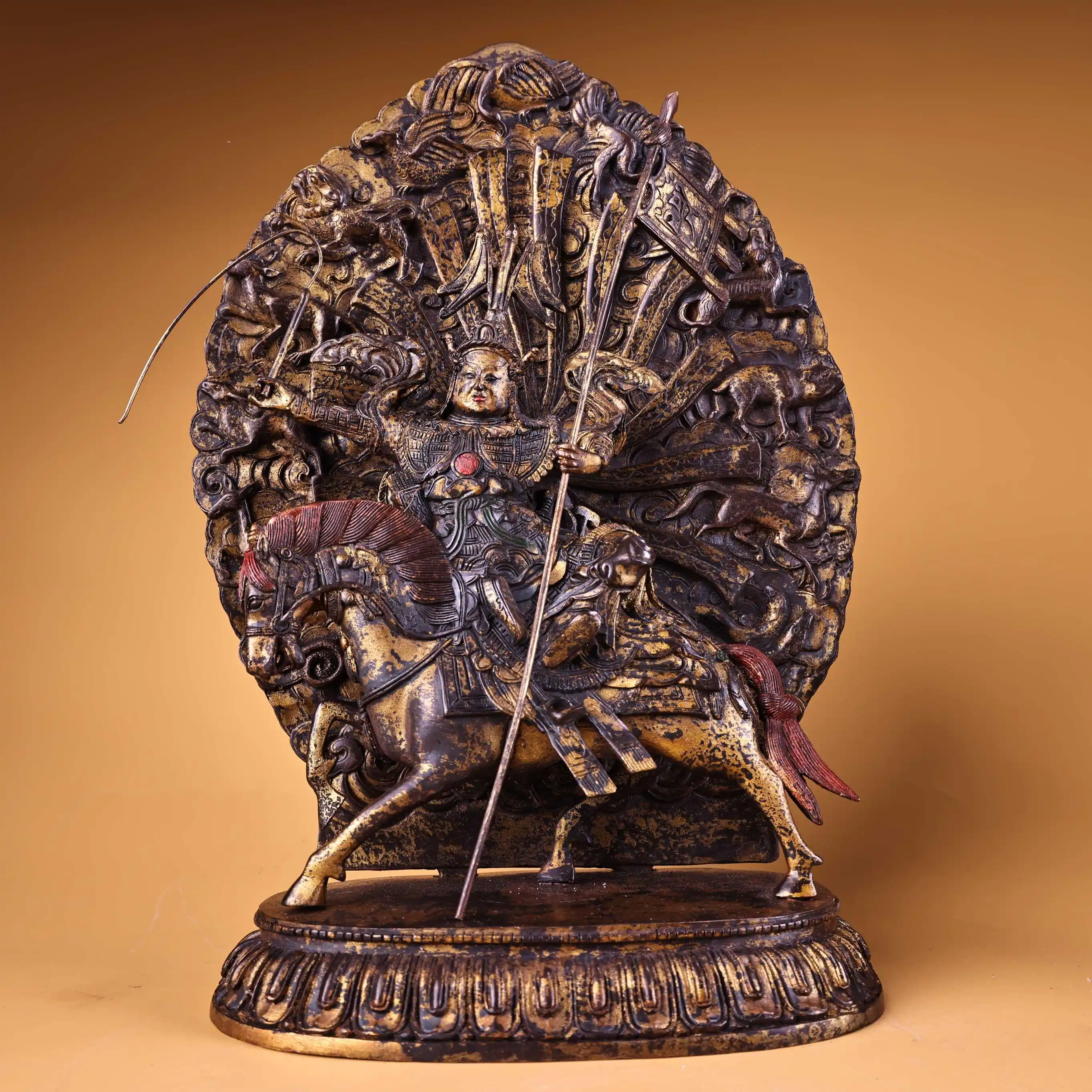 14"Tibetan Temple Collection Old Bronze Gilded High Relief King Gesar Standing Buddha Backlight Lotus Terrace Worship Hall