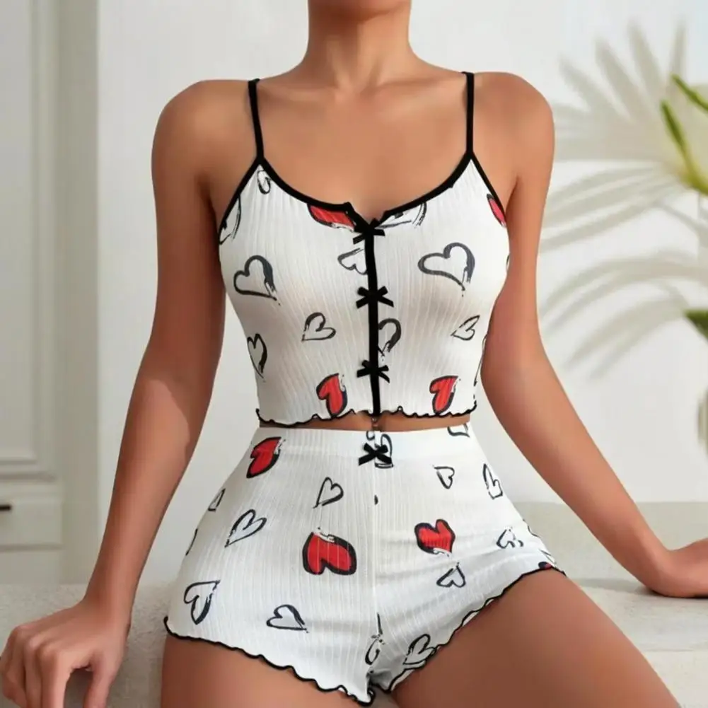 

2 Pcs/Set Women Summer Pajamas Suit Butterfly Heart Printing Sleeveless Backless Cop Top High Waist Mini Shorts Daily Nightie Sl