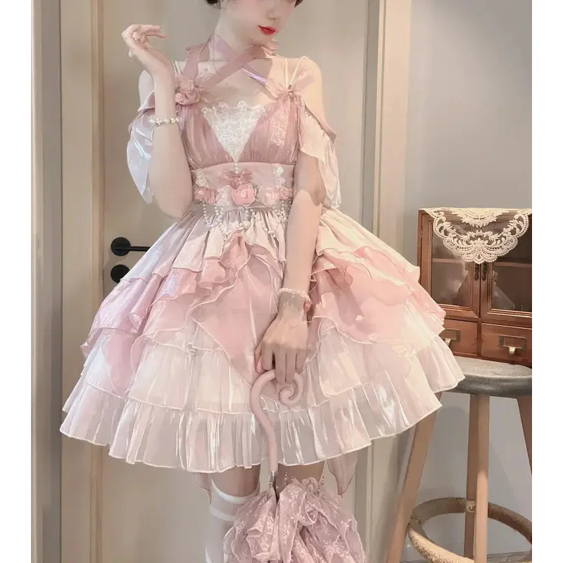 SS23Pink flor boda Lolita Jsk precioso elegante Escape princesa dulce cuello alto vestido de fiesta de cumpleaños para niñas jóvenes