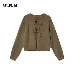 2024 Autumn Vintage Fashion Casual Lace-up Sweater Women's Solid Color Knitting Jumpers Long Sleeve O-neck Loose Cardigans