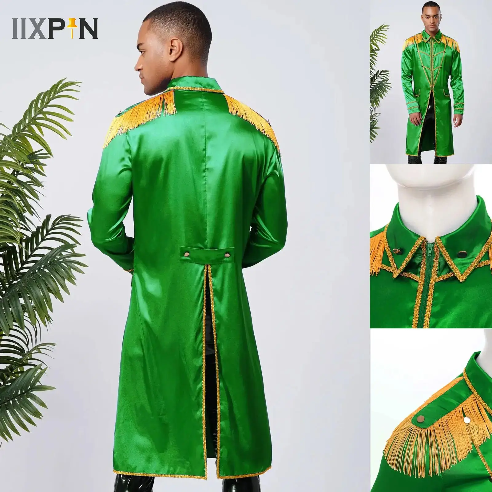 

Mens Circus Ringmaster Cosplay Costume Long Sleeve Fringed Shoulder Medieval Jacket Coat Tailcoat Tops for Halloween Dress Up