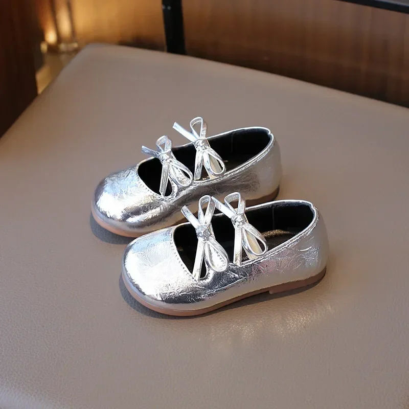 

Simple Children Shoes Round-toe Versatile Little Girl Leather Shoes Solid Color Causal Kids Princess Silver Ballet Flat Loafers