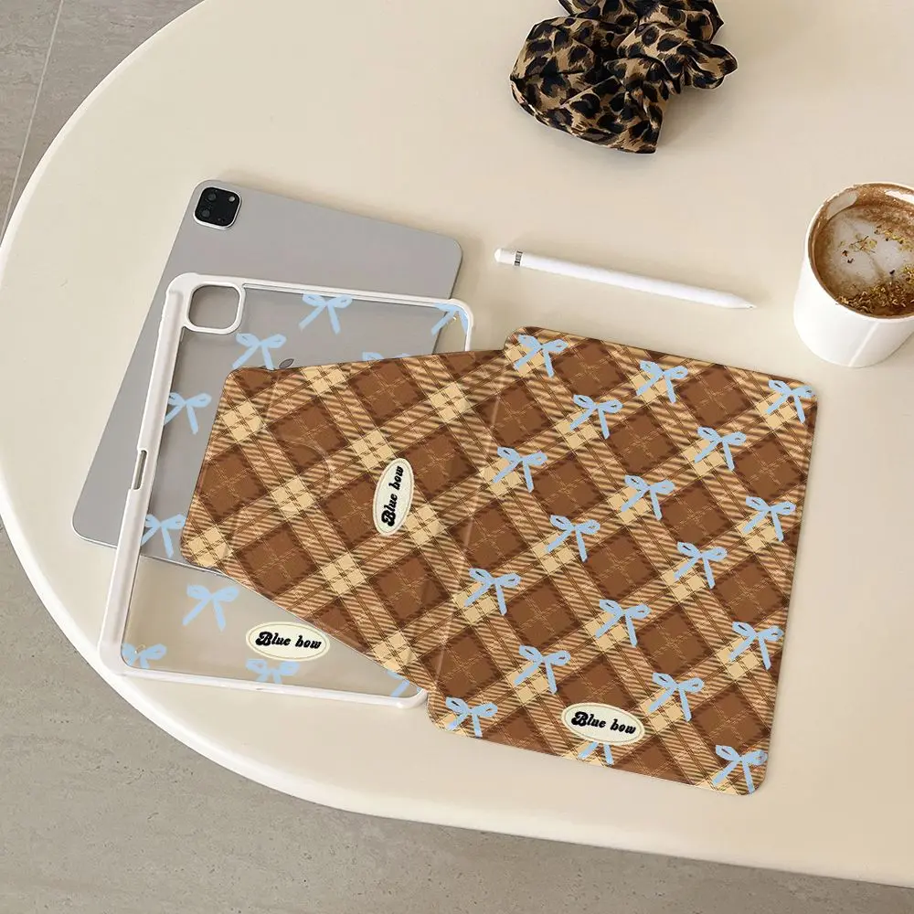 Korean Retro Brown Checkered Bow For iPad Cover Pro Air 13'' 11'' M5 M4 M3 M2 2 1 11th A16 12.9'' 10 9 8 Th Mini 7 6 5 4 Case