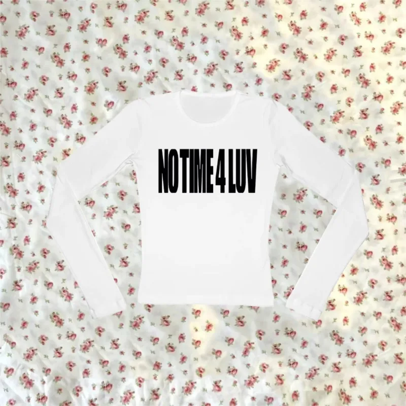 Estetyka Y2K Minimalistyczny Styl Moda Damska Koszulki z Długim Rękawem Okrągły Dekolt Dopasowane Modne Bluzki Streetwear EMO Koszulka Dziewczęca