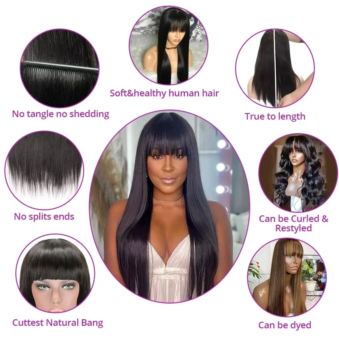 30 Inch 3X1 Middle Part Lace Human Hair Wig With Bangs For Black Women Brazilian Wigs On Sale Cheap Bone Straight Fringe Wigs