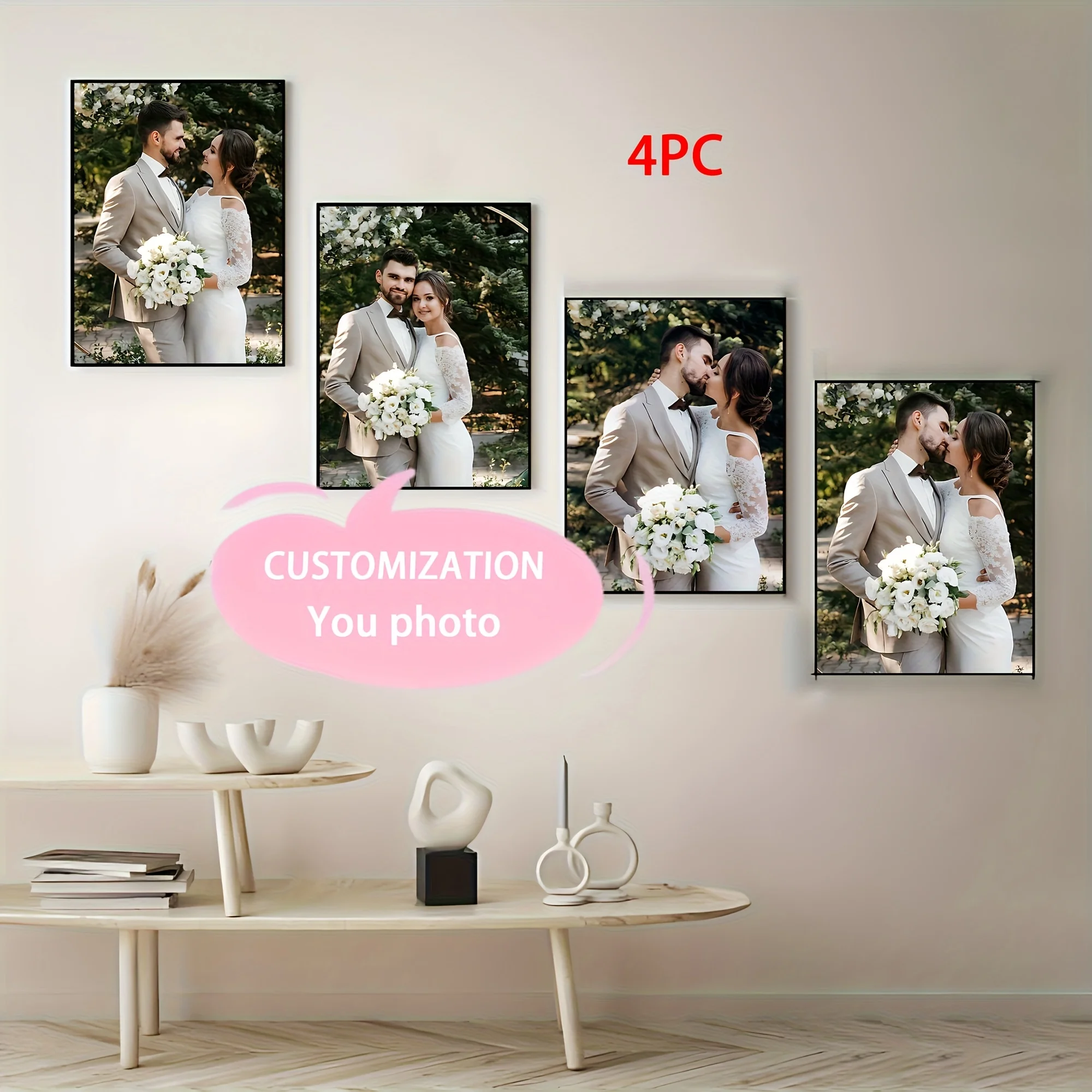 4 Stück/Set personalisieren Sie Ihre Hochzeitsfotos, Leinwandposter, Familienpaar, Wandkunstdruck für Heimdekoration, Valentinstags- und Neujahrsgeschenk