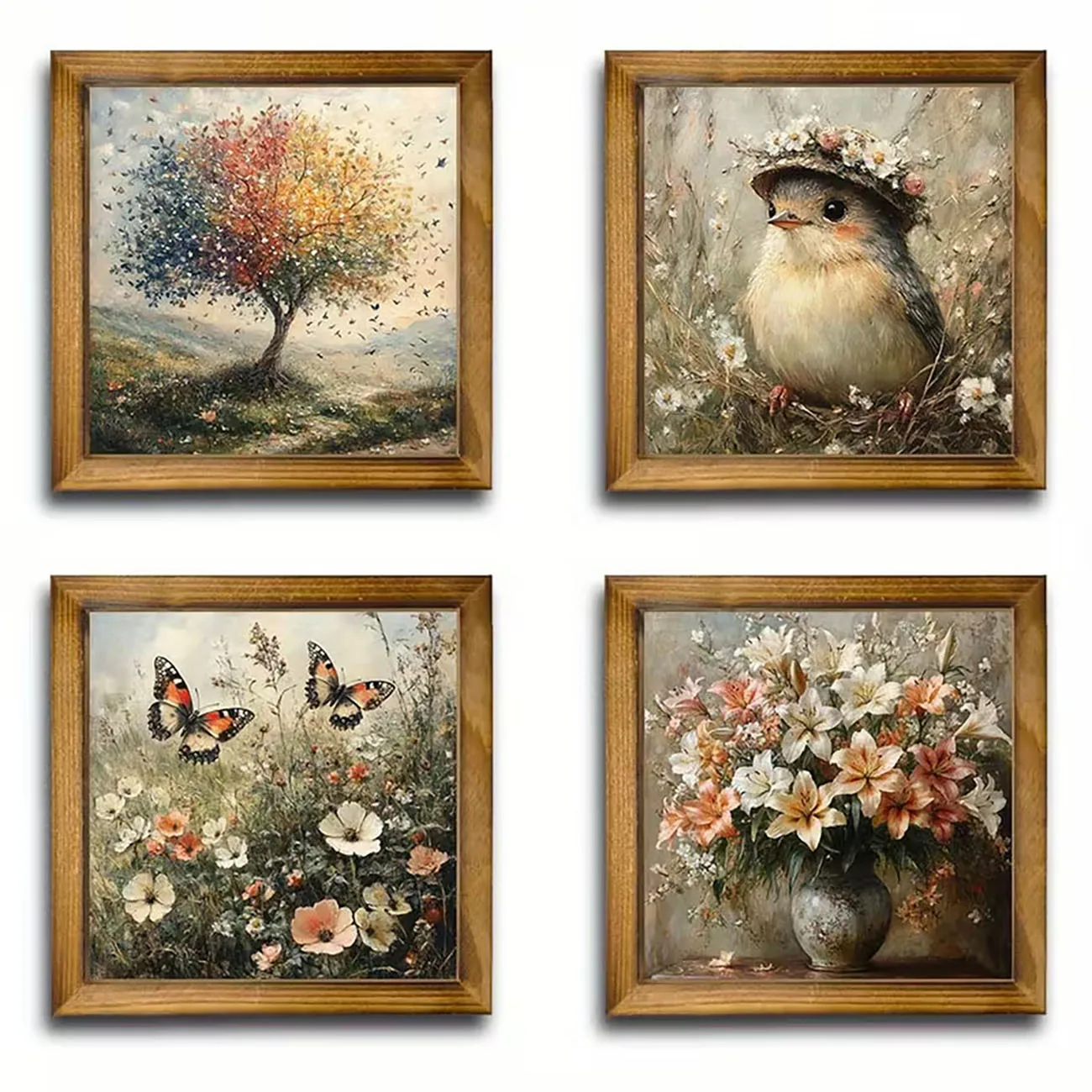 4 Pack Wooden Cute Bird Butterfly Wall Decor Flower Colorful Tree Print Nano Tape Drill Free Vintage Home Wall Ornament