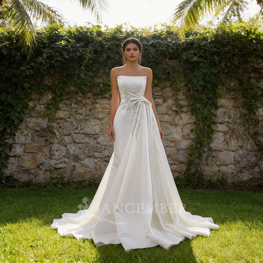 

Customized New Fashion High Quality Bridal Satin Sleeveless Trailing A-line Custom Wedding Dress vestidos de novia boda