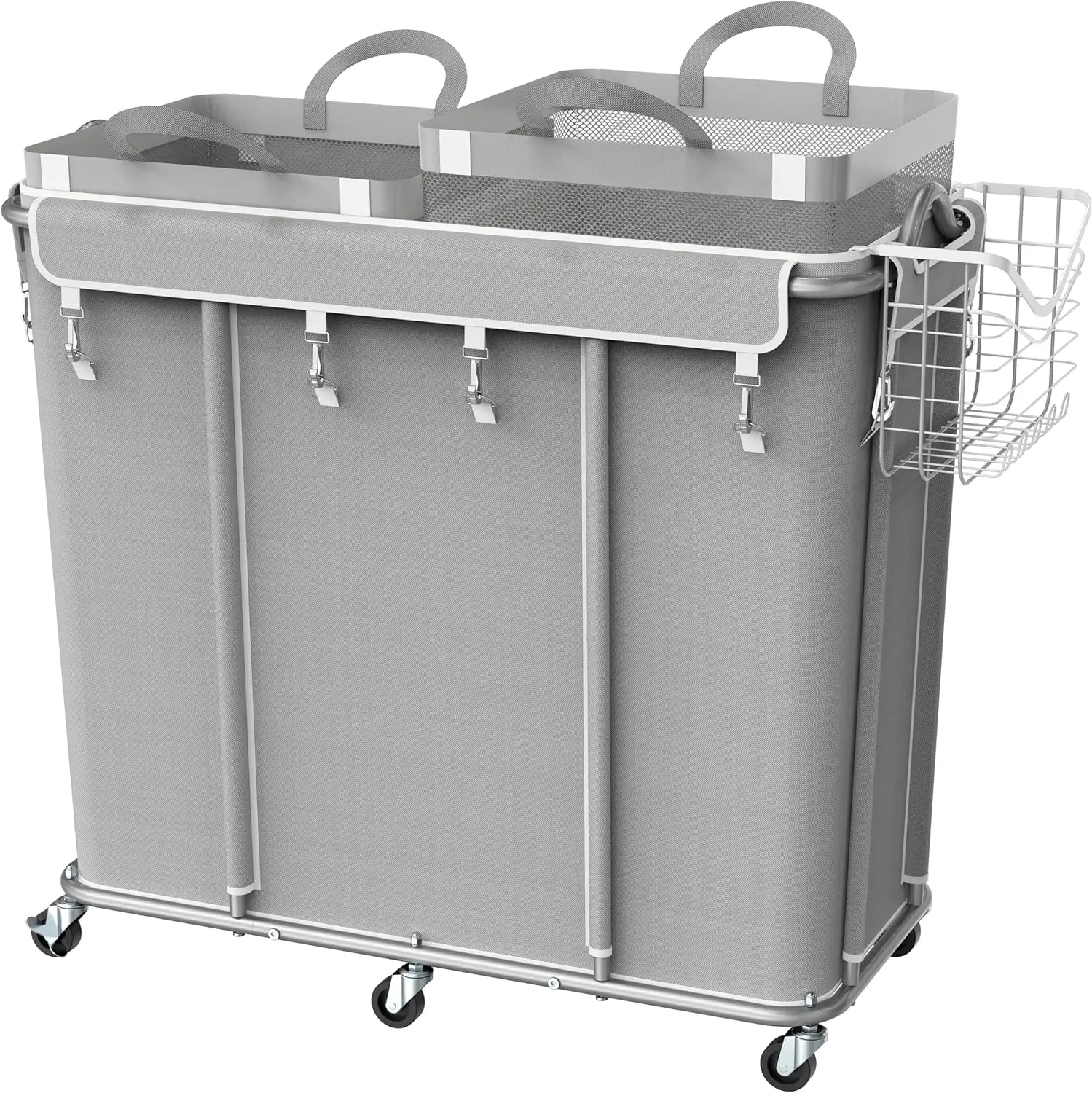 

Extra Large 2 Section Rolling Laundry Cart 265L (70 Gal) – Heavy Duty Hamper with 2 Removable Bags & 6 Smooth Wheels –