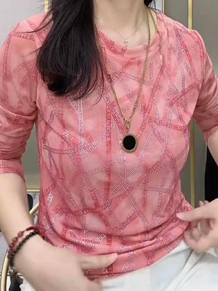 Long Sleeve T-Shirt Women's Mesh Embedded Diamond Anti-Aging Style Base Shirt Spring Autumn New Loose Fit round Neck Top