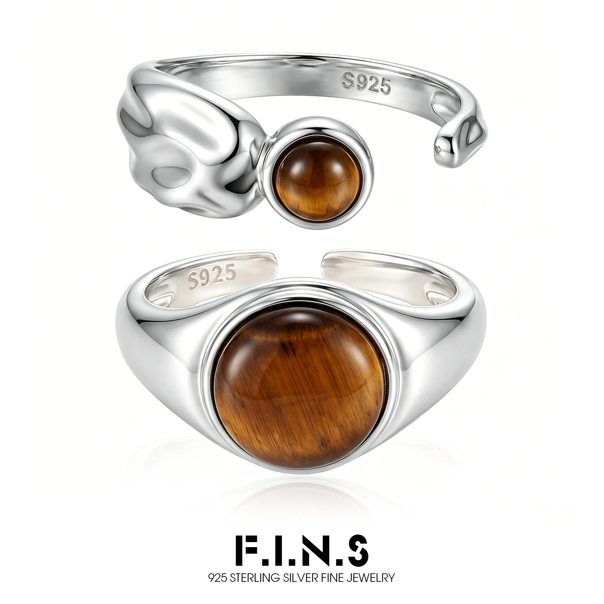 

F.I.N.S Natural Tiger’s Eye S925 Sterling Silver Ring Vintage Stacked Wide Band Open Adjustable Index Finger Fine Jewelry Gifts