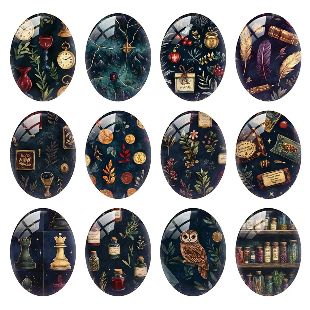 Random Mixed Round/Oval/Square Wizard Dark Academia Celestial Photo Glass Cabochon Flatback Demo Cameo For Diy Jewelry Making