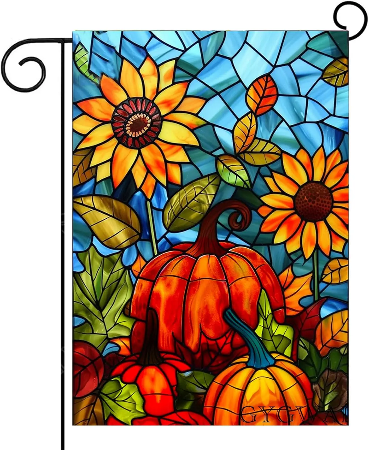 Fall Pumpkin Garden Flag Sunflower Autumn Yard Flag Stained Glass Thanksgiving Outdoor Flag 12x18 Double Sided Small Harvest GGO