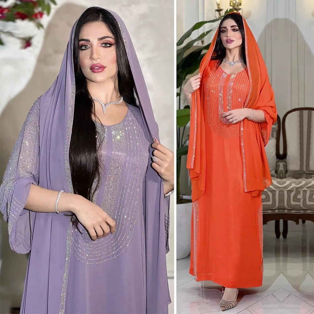 2023Purple Orange Muslim Summer Autumn Elegant Long Sleeve V-neck Polyester Long Dress Maxi Dress Muslim Fashion Dresses