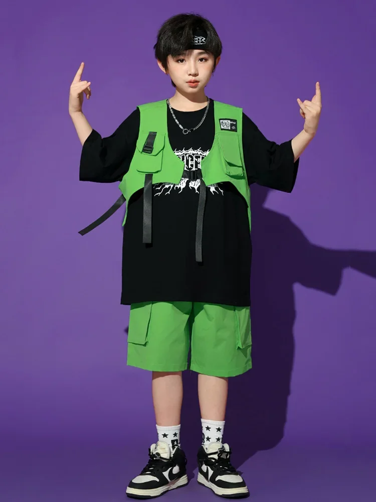 Kinder Hip Hop Sets Schwarzes T-shirt Grüne Weste Shorts für Jungen Mädchen K-pop Street Dance Kleidung Jazz Kostüm Kinder streetwear