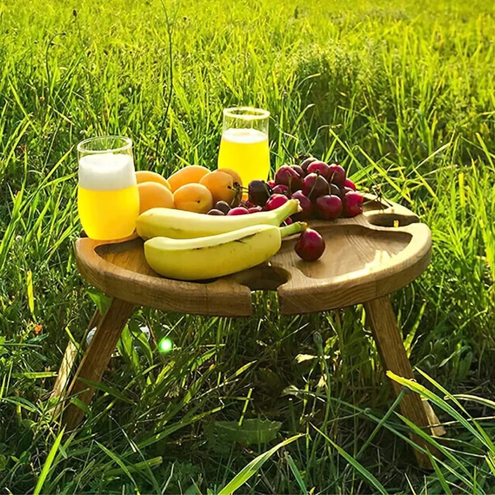 Wooden Folding Picnic Table Outdoor Camp Round Foldable Desk Wine Glass Rack Portable Leisure Time Snack Table Nut Fruit Plate image 3