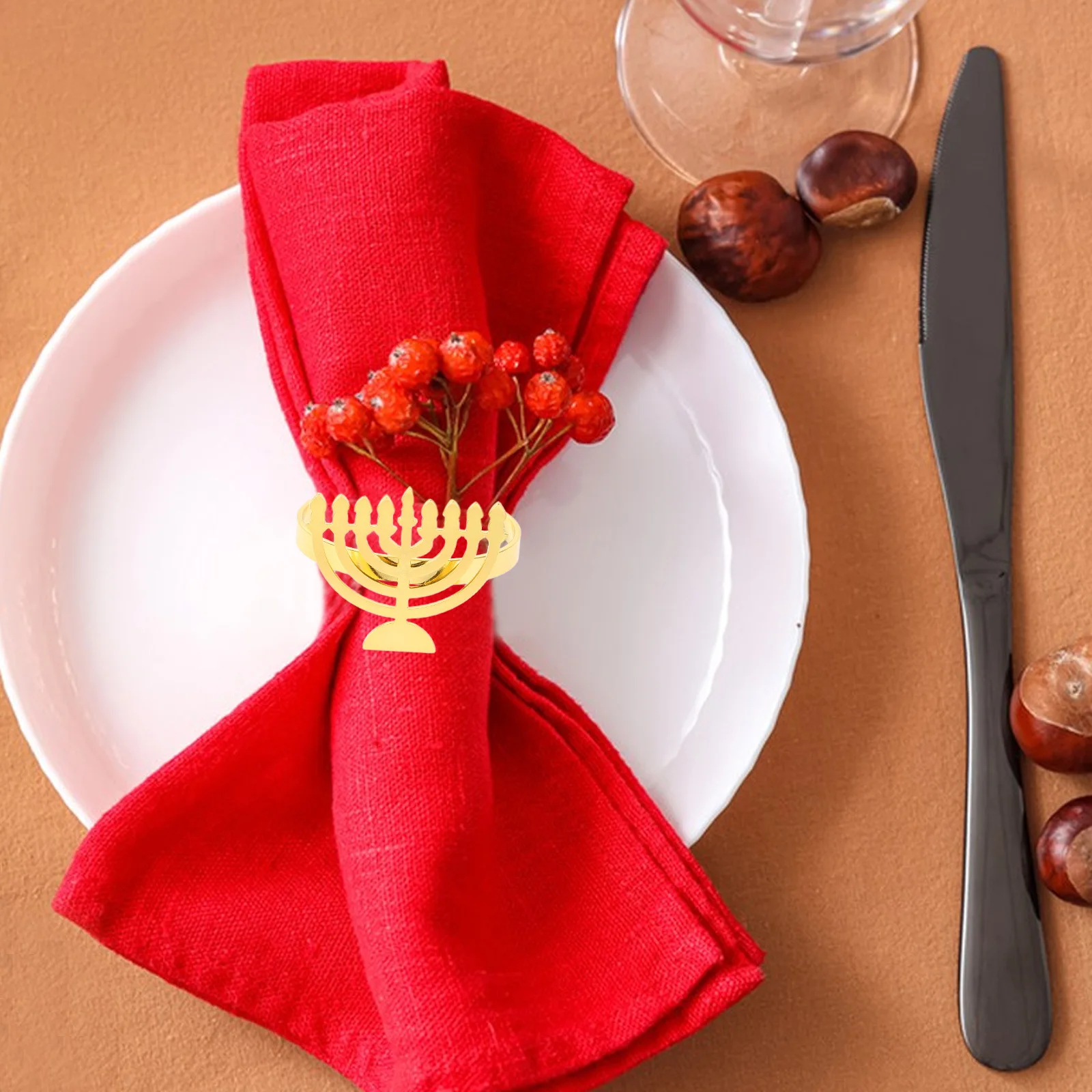 

4Pcs Hanukkah Napkin Rings Menorah Design Holiday Table Decor Party Dinner Serviette Holders Chanukah Celebration