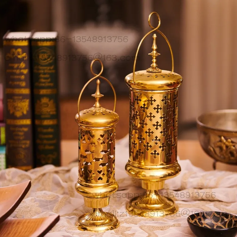 Brass candle holder, European vintage hollow carved romantic home desktop decoration candle lantern
