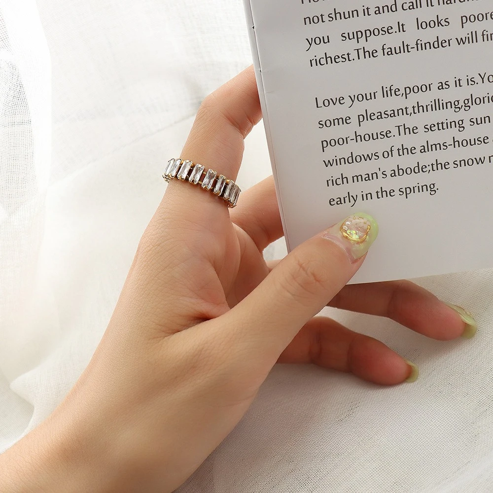 

French style full-diamond two-claw zircon ring titanium steel 18k gold index finger ring ring ins jewelry