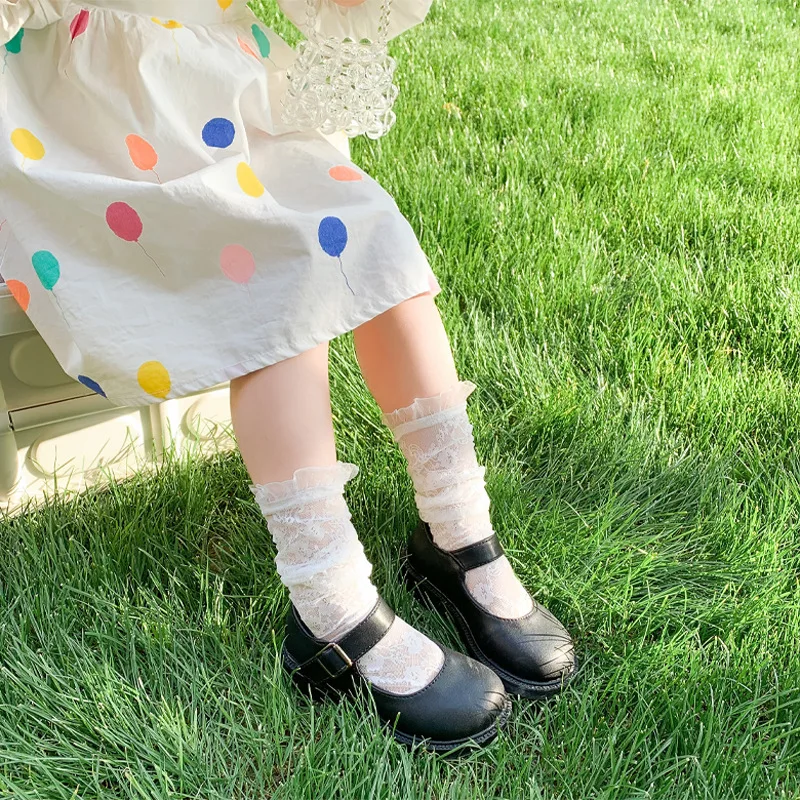 Summer Lace Hollow Jacquard Calf Sock for Kids Girl Flroal Bow Breathable Nylon Soft Comfort Children's Sock Clothes Accessories