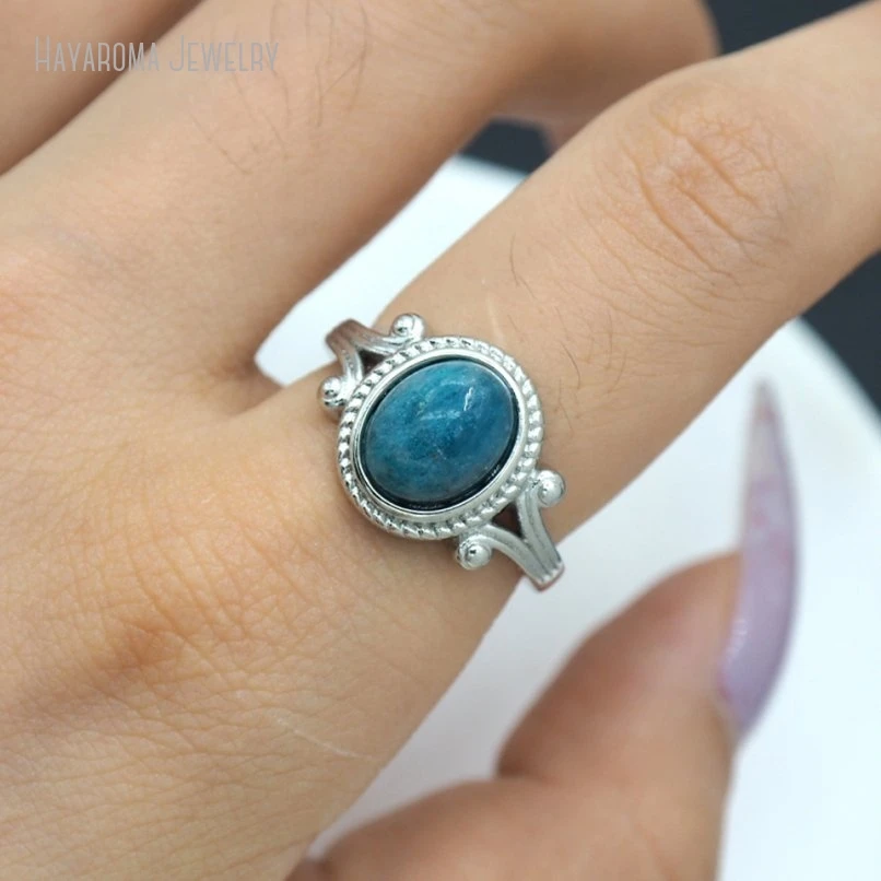 10Pcs Geometric Oval Semi-precious Stone Apatite Wholesale Silver Color Ring RM51365