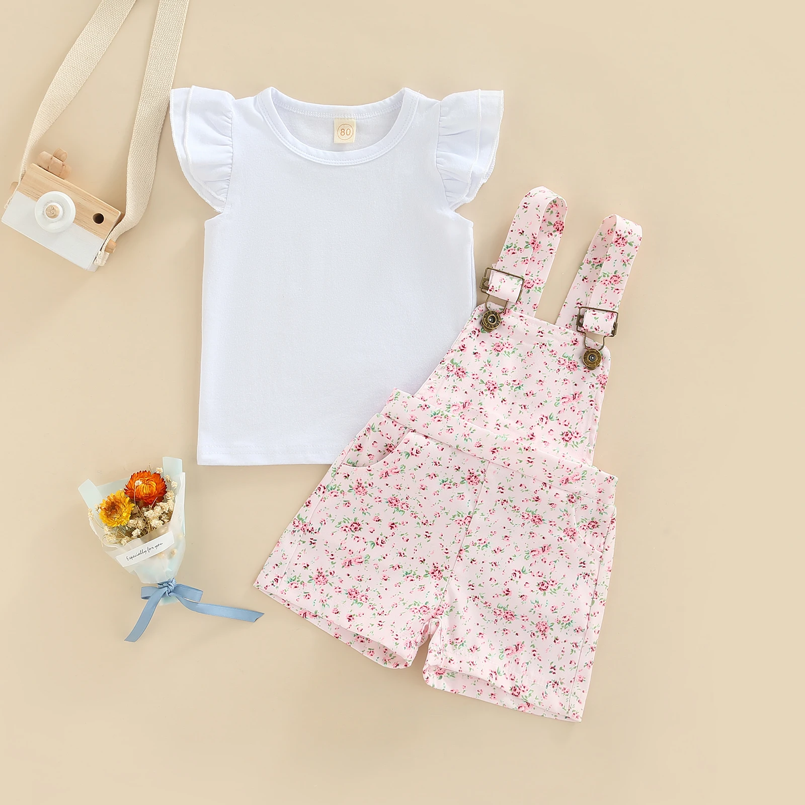 Kids Clothes Girls Summer Outfits Children Clothing Short Sleeve Round Neck Tops + Flowers Printed Suspender Short Pants Set