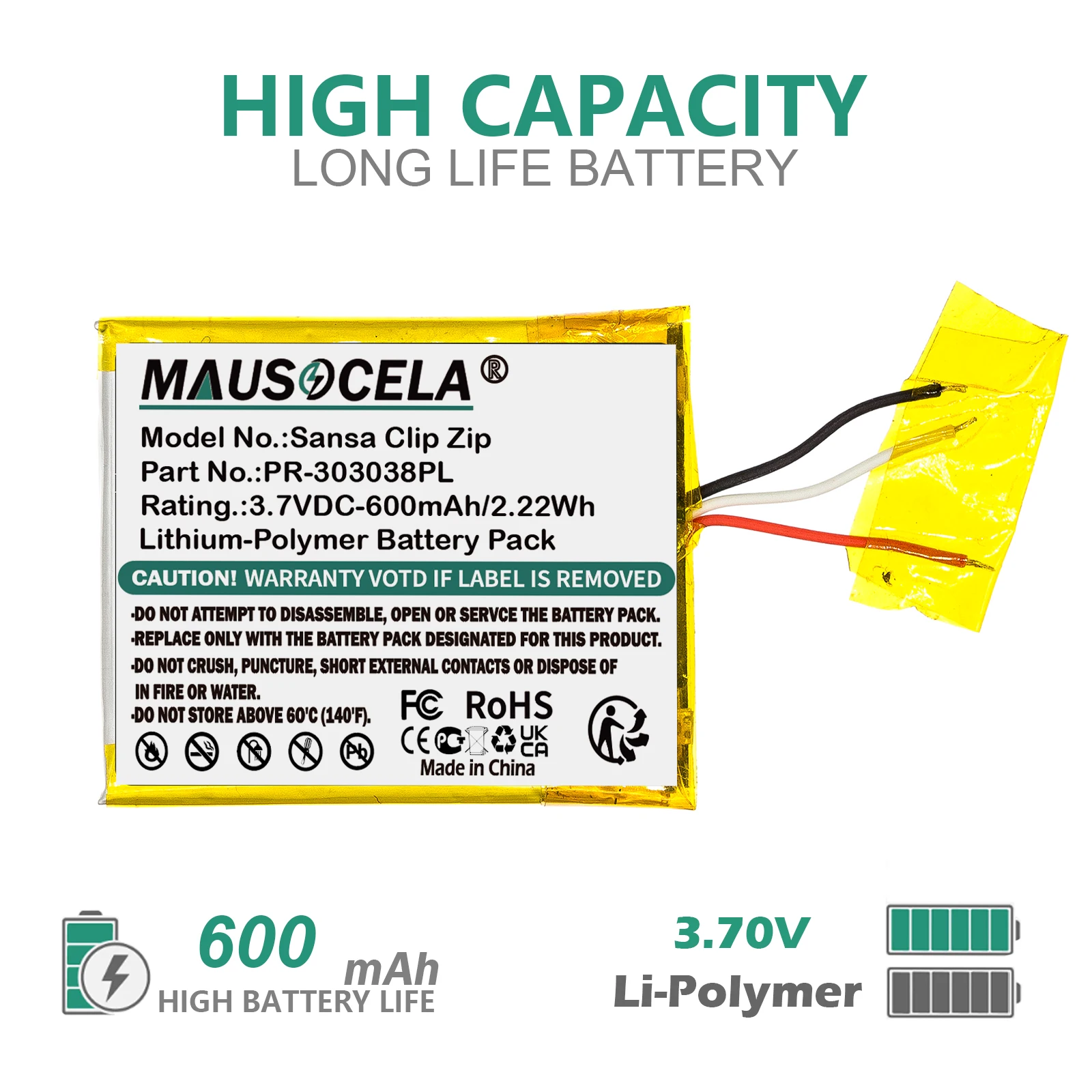 600mAh Media Player For Sandisk:PR-303038PL,Sansa Clip Zip,Sansa Clip+,Clip Plus,SDMX18R-008GK-A57,SDMX18R-004GB-A57,+Toolkit