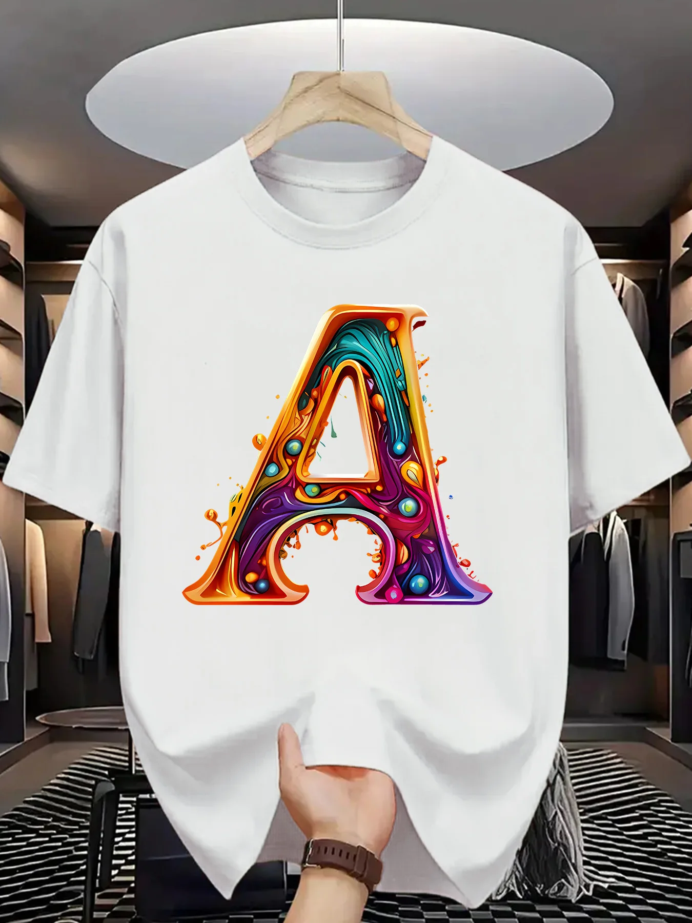 Liquid Art Letter A Print Men Short Sleeve Tshirt Colorful Alphabet Pattern O Neck Tee Modern Art Male Street Fashion Tops